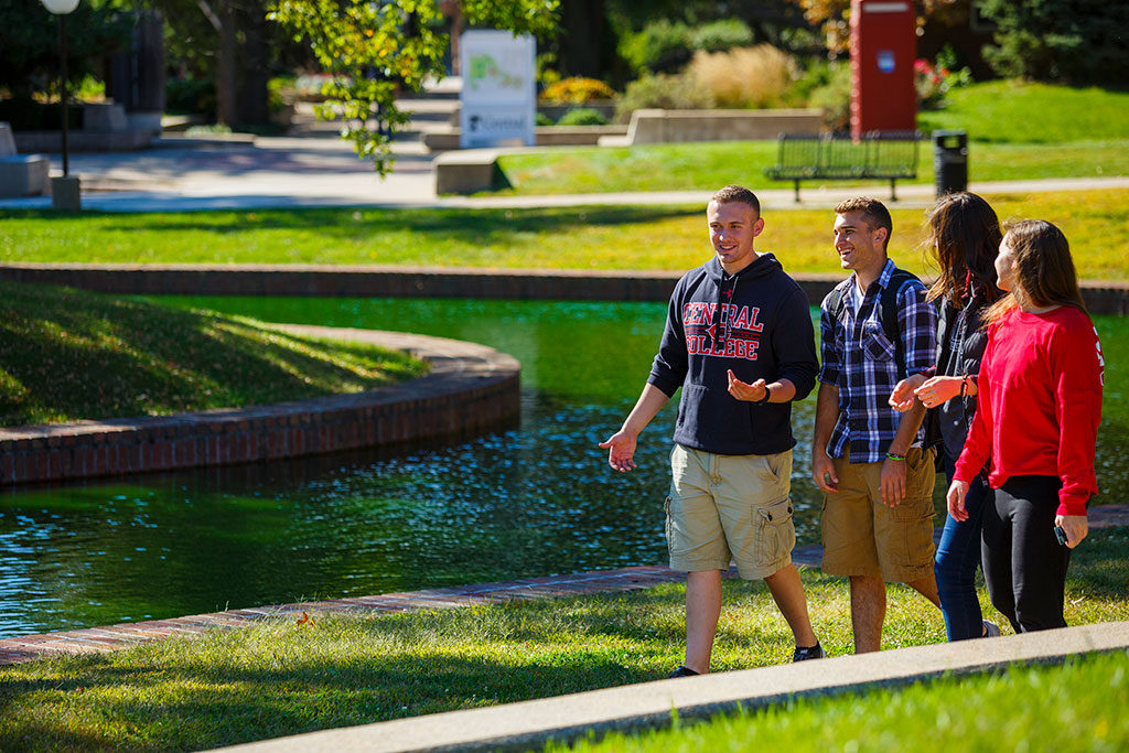 Central College students walking across campus.